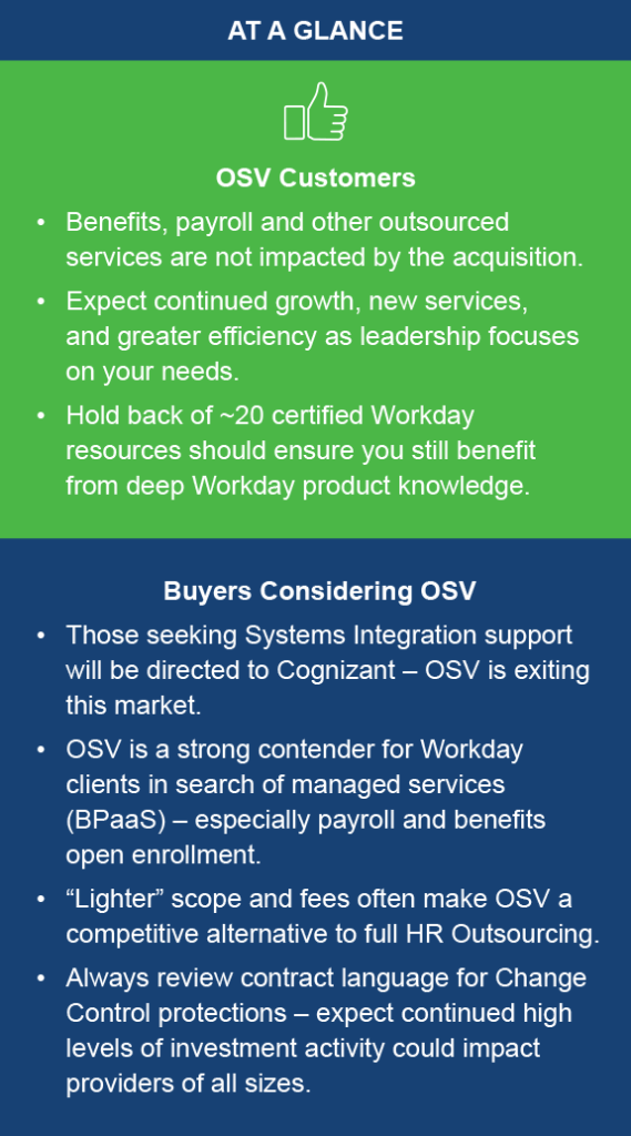 AT A GLANCE
OSV Customers
- Benefits, payroll and other outsourced services are not impacted by the acquisition. 
- Expect continued growth, new services, and greater efficiency as leadership focuses on your needs.
- Hold back of ~20 certified Workday resources should ensure you still benefit from deep Workday product knowledge.

Buyers Considering OSV
- Those seeking Systems Integration support will be directed to Cognizant – OSV is exiting this market.
- OSV is a strong contender for Workday clients in search of managed services (BPaaS) - especially payroll and benefits open enrollment.
- "Lighter" scope and fees often make OSV a competitive alternative to full HR Outsourcing. 
- Always review contract language for Change Control protections - expect continued high levels of investment activity could impact providers of all sizes.